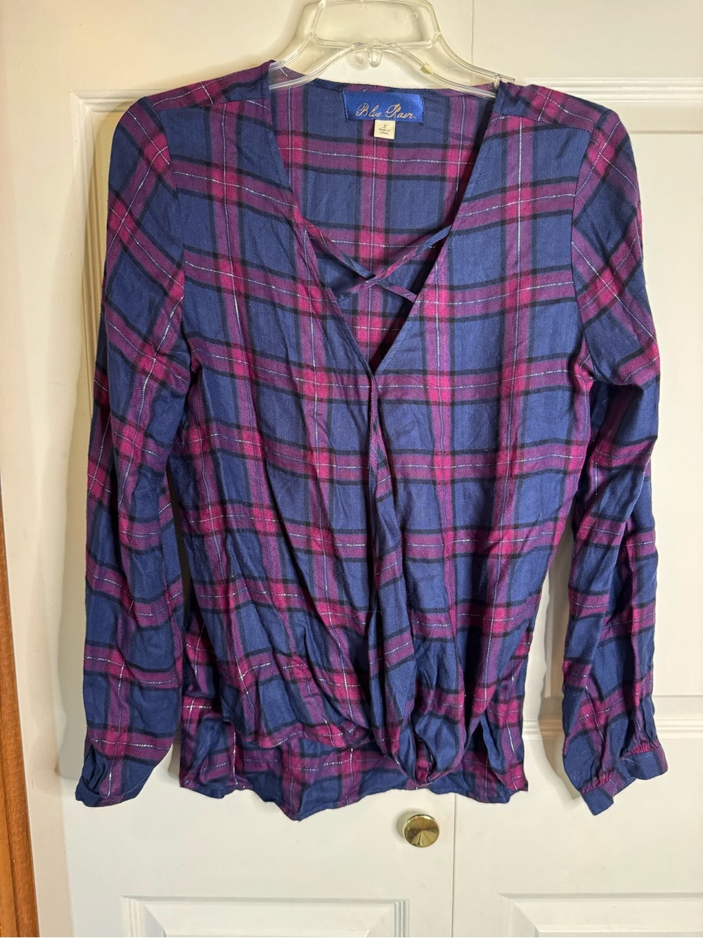 Blue Rain Blue and Purple Plaid Long-Sleeve V-Neck Blouse